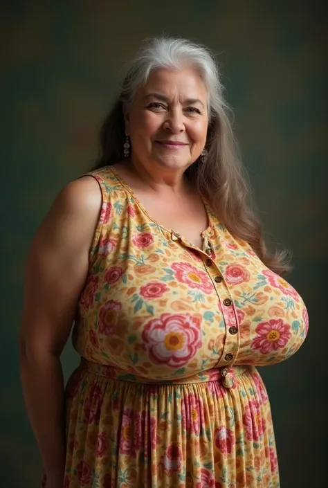 a real photo of a beautiful grandmother with abnormally large breasts, (thin body), pleasant smile, vibrant flare skirt shirtwaist dress, long hair, realistic profile view, looking directly at the camera, her breasts are extremely huge and very full, profi...