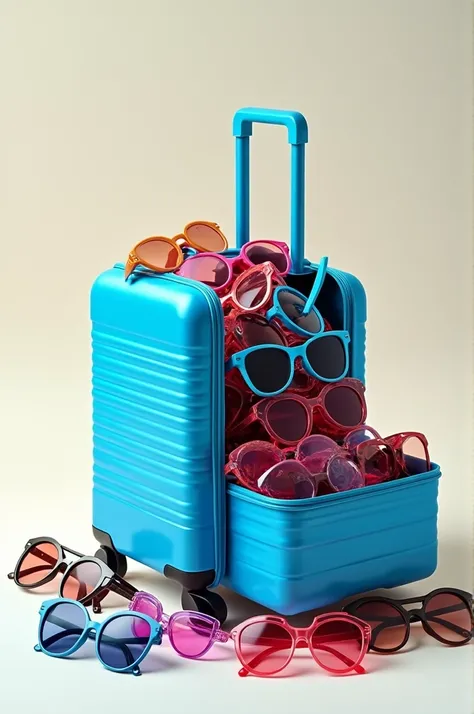 Blue trolley bag with full of sunglasses