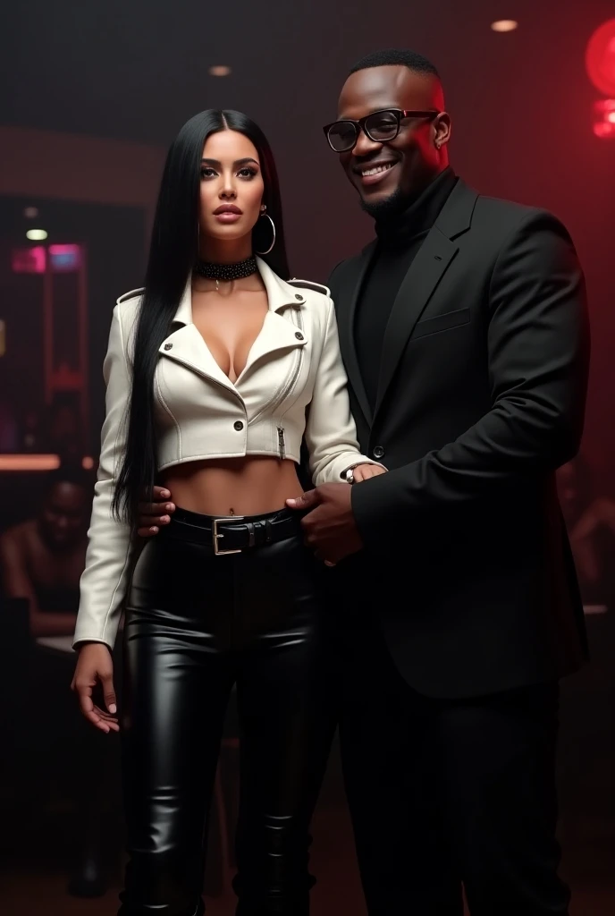  Kim Kardashian in straight black long hair in a very tight white leather jacket with collar and buttons and cropped,  she wears a wide black belt around her stomach and black leather pants , black overknees , she wears round glasses with transparent lense...