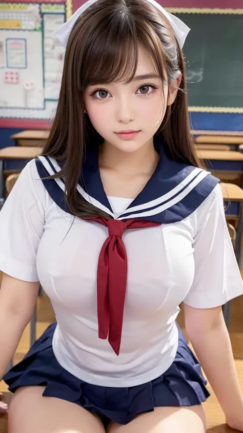 (( high school girl in a sailor suit )),  1 girl,  cowboy shot, beautiful detailed eyes,  beautiful detailed lips ,  extremely detailed eyes and face,  Long eyelashes,  beautiful young woman ,   high school students,  Little Smiles , ((( school classroom b...