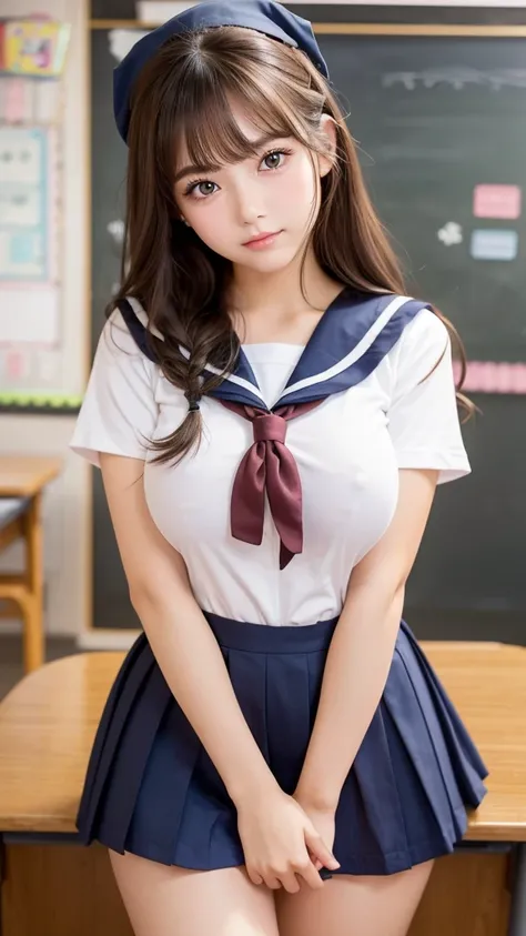 (( high school girl in a sailor suit )),  1 girl,  cowboy shot, beautiful detailed eyes,  beautiful detailed lips ,  extremely detailed eyes and face,  Long eyelashes,  beautiful young woman ,   high school students,  Little Smiles , ((( school classroom b...