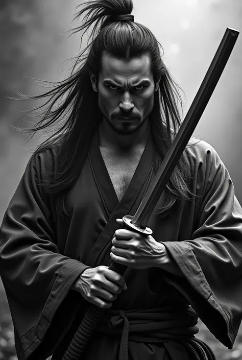 (((Masterpiece))), ((photography)), realistic, 8k, A dramatic black-and-white portrait of a fierce samurai warrior. The samurai holds a katana across his face, gazing intensely forward with a look of determination. His long hair flows wildly, adding a sens...