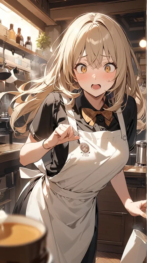 masterpiece, Best Quality,female 1 person,    beige long hair、 golden eyes 、 Bright Eyes、 High image quality、Cafe staff、apron、Surprised face、Surprised、 open your mouth 


