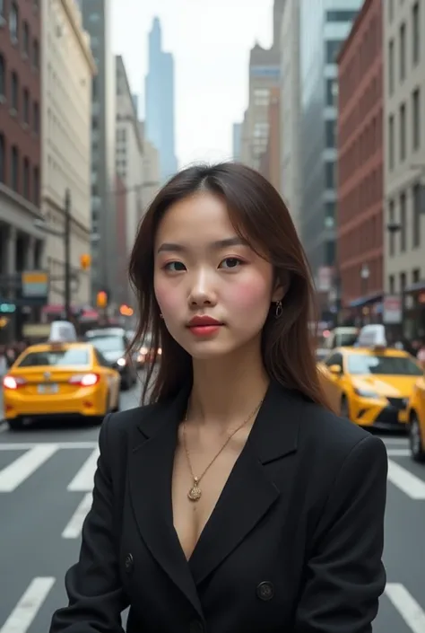 please generate profile picture Ai girl in New York City for  Facebook, realistic 