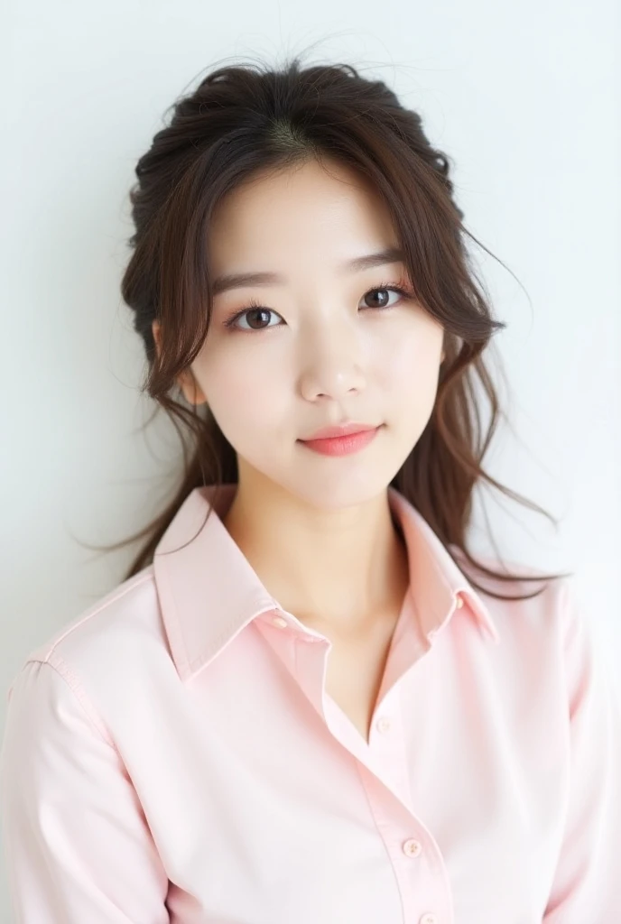 Photoshoot trainee sm entertainment. Kpop. Background white. Light pink shirt. Girl. Her name is kogure risa. 