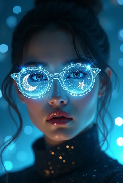  The model wears crystal sunglasses with stars and the moon in the glass 