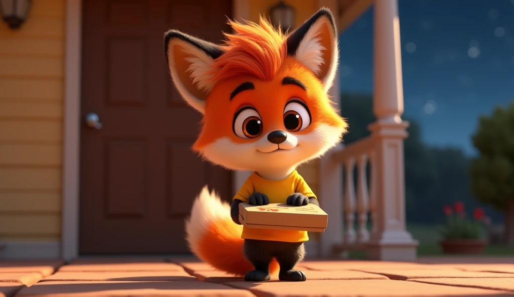 A 3d pixar stye cute fox cub with a large fluffy fur mane and expressive, colourfull hair style,eyes,wearing yellow tshirt and black pant, fox cub named sheru, sheru hand a closed pizza box, sheru standing front of closed door of a house in the night.

