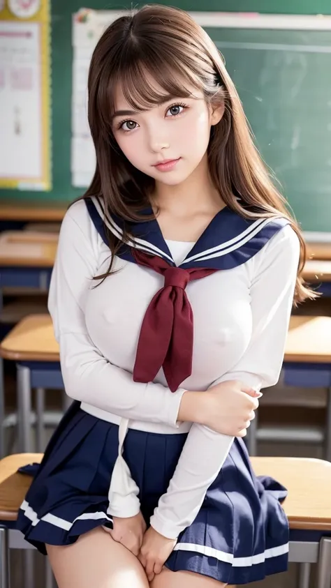 (( high school girl in a sailor suit )),  1 girl,  cowboy shot,( focus on thighs ), beautiful detailed eyes,  beautiful detailed lips ,  extremely detailed eyes and face,  Long eyelashes,  beautiful young woman ,   high school students,  Little Smiles , ((...