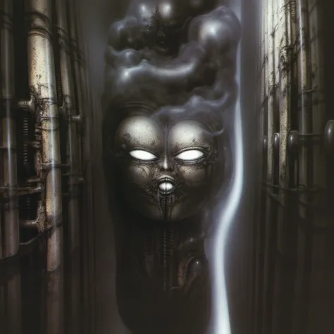 H. R. Gigers g1g3r, , Giger_style, The image is a detailed view of H.R. Gigers " NY City  " plate, featuring H R GIGERs biomechanical is a digital artwork featuring   The image depicts a robotic face with large, glowing eyes, a mouth, and a nose, set again...