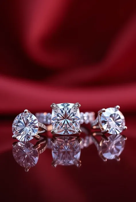 Create an image of elegant diamond jewelry, including a single-stone diamond ring and sparkling diamond earrings, with a luxurious and glistening look. The diamonds should catch the light and have a vibrant sparkle effect. The background should be a rich, ...