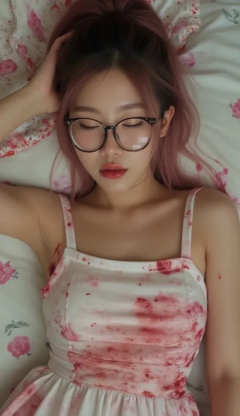 The Asian woman wears a full latex dress, sleeps her eyes on a latex bed, where on her body there are small scars, holes pierced on the dress, full of bleeding, full of blood, short hair, dark pink ponytail, wearing large round glasses.