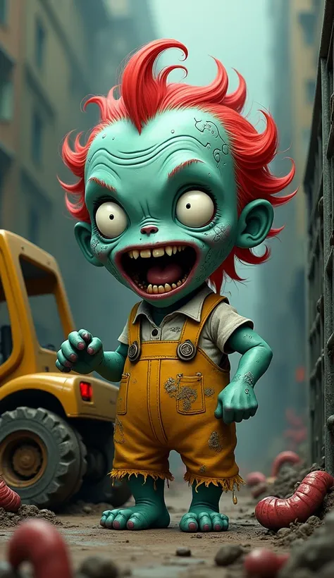 Create a highly detailed cartoon style zombie character, called a combi. The zombie should have a round head with big, wide eyes and a wide open mouth, and be a little creepy. Its skin is blue-green with cracks and some scars, and red hair. It wears a tatt...