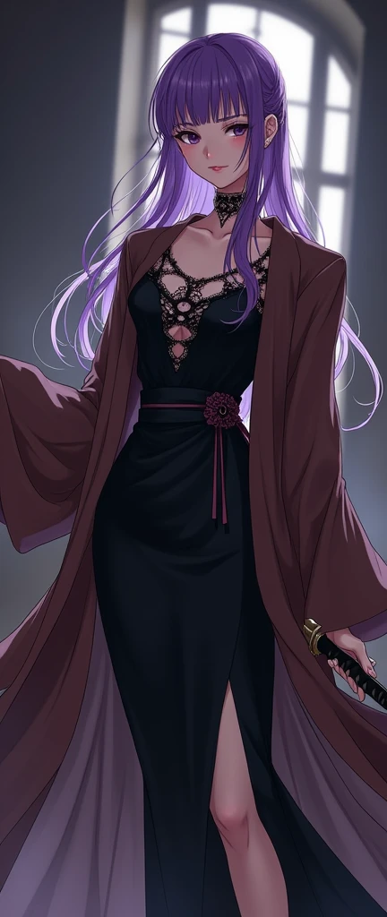 Anime purple haired guy matamerah in black dress in brown robe holding katana