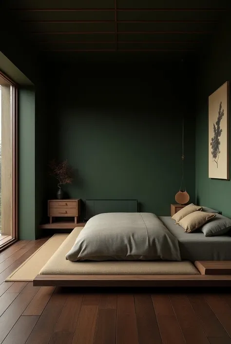 Japanese bedroom, dark green walls, dark hardwood floors and accents