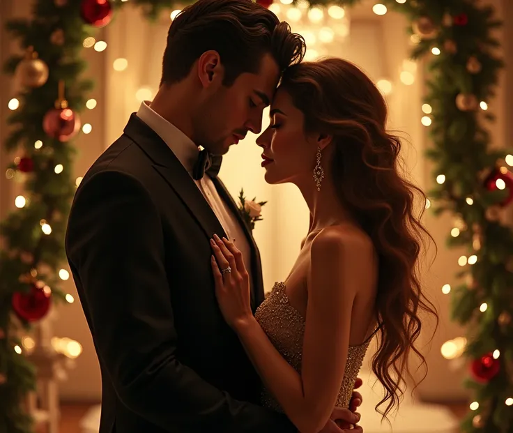 a very beautiful and sexy couple surrounded by a Christmas decoration