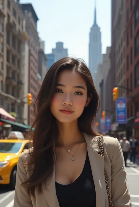 please generate profile picture Ai girl in New York City for  Facebook, realistic 