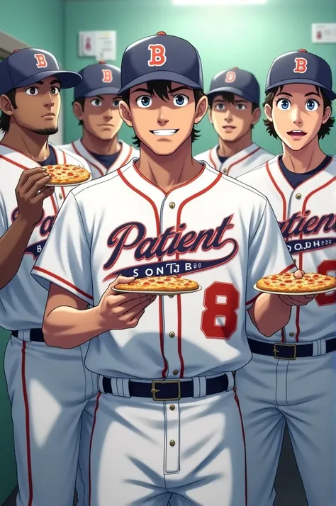 The patient song team is undergoing training for shortstop number 8. They are holding pizza in their hands and the background has a difficult expression from the hospital, so draw a picture