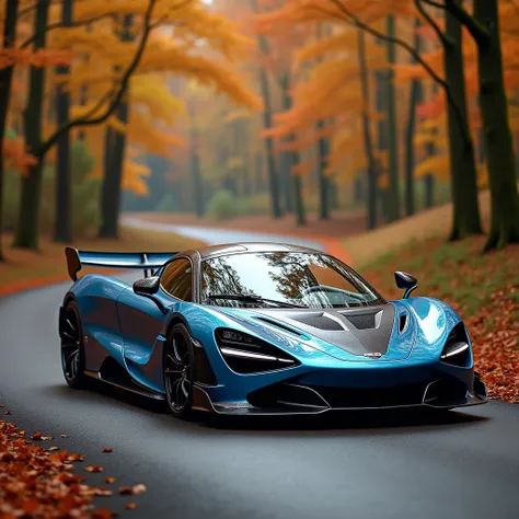  A 2019 McLaren Senna , dark blue-pale color,  car drives on an asphalt road in a lush autumn forest, beautiful landscape, November