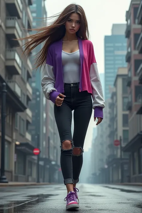  Beautiful Asian European woman 25 years old with long hair straight brown blown in the wind wearing a purple pink cardigan with white loose sleeves, in long black jeans tight torn to the knees ,  in sneakers purple pink white walking on the edge of the ci...