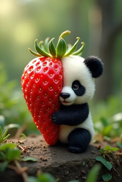 A bright red strawberry transforming smoothly into a cute panda. Start with a close-up of a strawberry with its seeds and texture in high detail. Slowly, the strawberrys texture begins to soften, the seeds disappear, and the color shifts from red to black ...