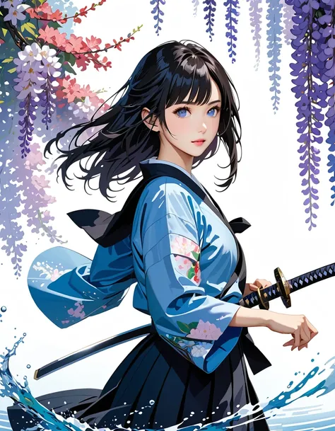 1 girl, 1 katana sword, Brandishing a sword in front of wisteria flowers, wisteria flower is vector illustration. Neat straight bangs arranged horizontally, long black hair in hime cut, Wearing a Japanese school uniform, School uniform swaying in the wind,...