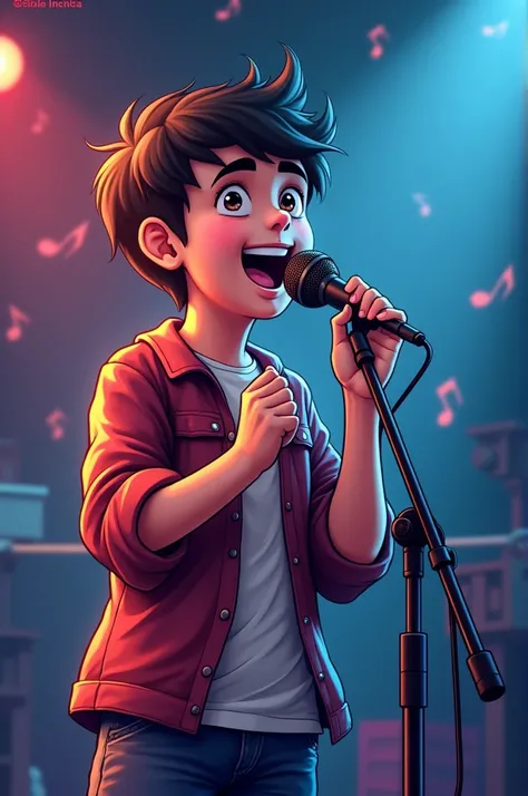 Create an engaging thumbnail featuring a young boy passionately singing into a microphone. He should be standing in front of a vibrant background with musical notes or sound waves around him to convey energy. The boy’s expression should be joyful and focus...