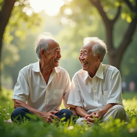 Two elderly Thai people, about 60 years old, sit together in the park and smile with laughter. The atmosphere in the wide-angle picture, white tones. 
