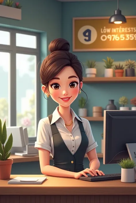 " A beautiful consultant girl at Phuoc Nghia Pawnshop , behind the counter ,  dressed in professional dress .  Behind is a sign with the phone number 0976535329 .  Create a modern and friendly ,  with a banner or text the highlight on the front reads Low i...