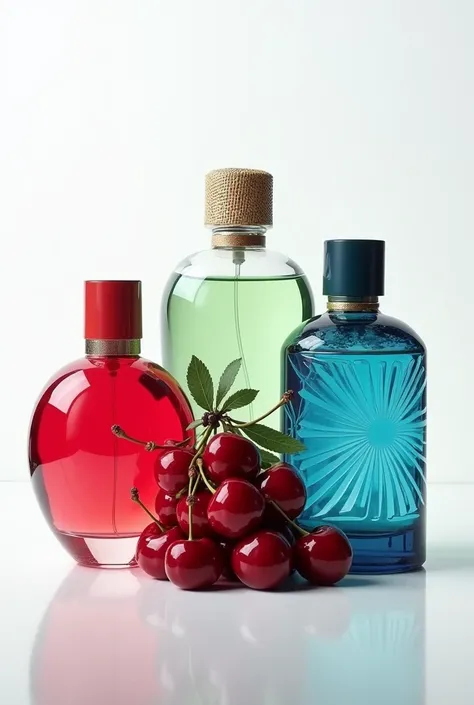  create pictures of 3 perfumes with a white background . One should be red with cherries , One light green with apple and the third blue with wood with a modern look and the one with the inscription “Invaris” on it