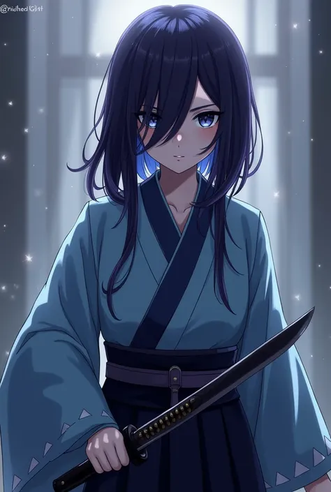 Dark purple long hair that hides the waist 　Black and blue hair　 turn a section of ones bangs blue blue blue with blue highlights on the bangs　 part of the bangs is light blue 　Dark Eyes　Sharp, Cool Eyes 　Light blue haori coat　Blue coat with white triangul...