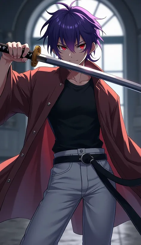 Anime guy with purple hair red eyes black shirt white pants in brown robe holding katana