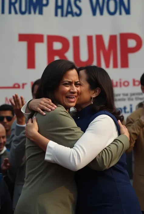 After the US election, Kamala Harris is loudly crying* while hugging Rahul Gandhi and behind them there is a banner which says Trump has won In this photo, both their faces should look exactly like the original and the winner written on the back should be ...