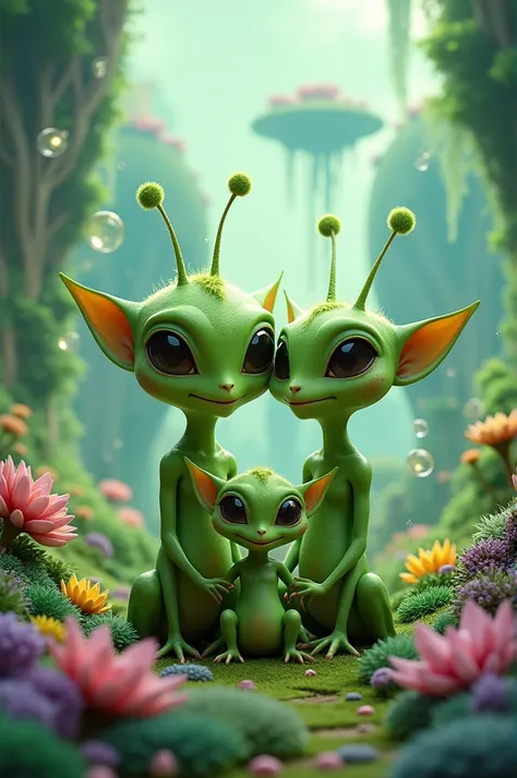 Make a happy green alien family
