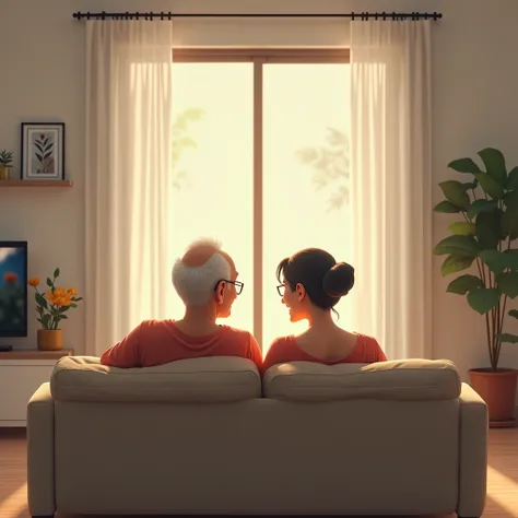 Two elderly Thai people, about 60 years old, sit watching TV and smiling. The atmosphere in the panoramic picture in the living room of a modern house in white tones. 
