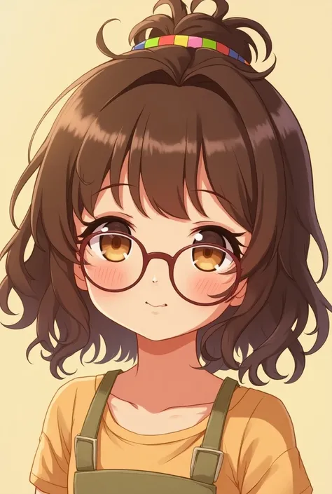 The anime cute girl is wearing round glasses and with curly silky brown hair Which is banded