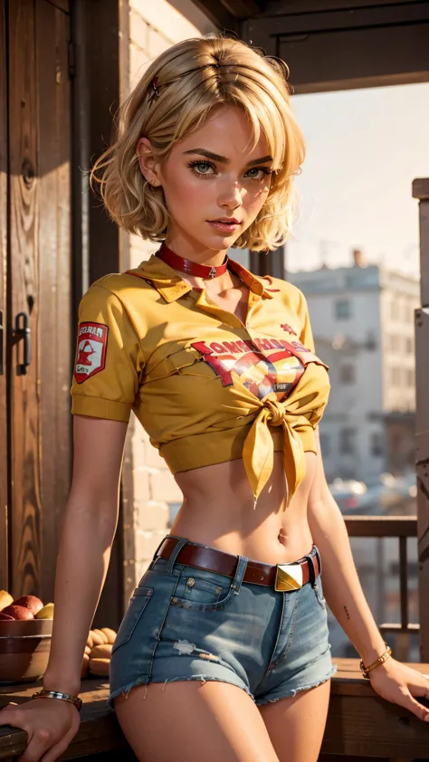 soviet pioneer girl-model, italian facial type, so pretty, too much tanned, blonde hair, bob hairstyle, straigt bangs, brown eye...