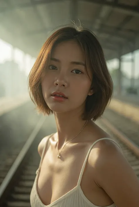 a full-body portrait of a young thai woman standing in a railway station, looking sideways with a dreamy, cinematic gaze. sunlig...