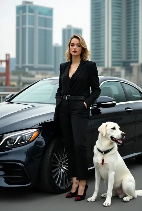 White dog woth black mercedes and with a hot girl