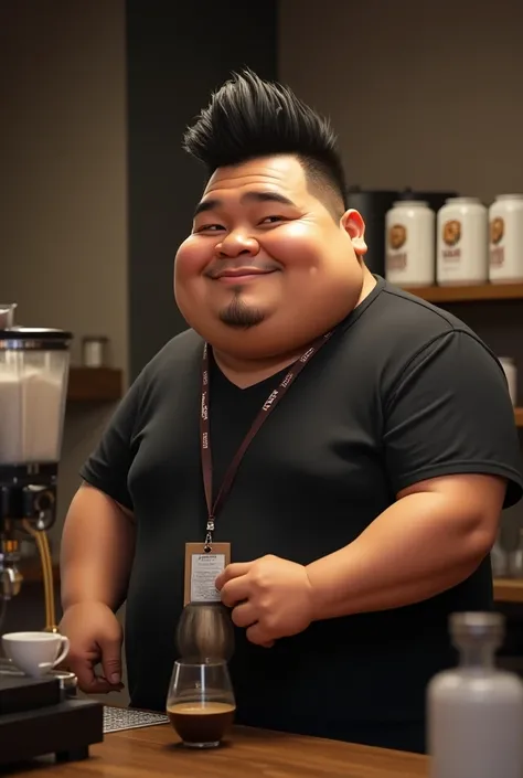 Caricature 4D, Indonesian guy with rather fat body has a big cock,  being a barista making coffee in front of a coffee machine, wearing black t-shirt , wearing a lanyard , realistic 8K , FOCUS