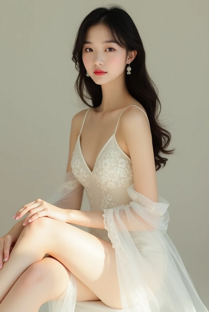 A Chinese-French girl sits gracefully against a gentle neutral background, wearing a delicate and alluring white lace dress. The dress has long sleeves and a slightly sheer design, accentuated with floral patterns. She has softly styled long dark hair and ...