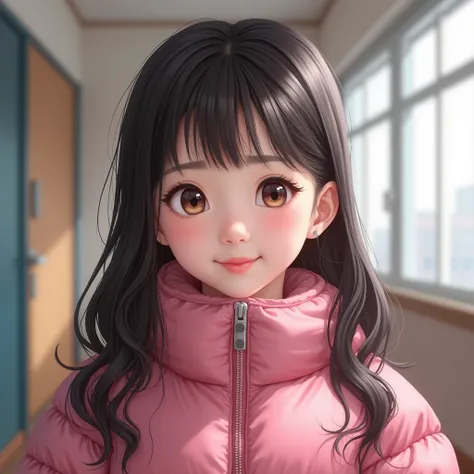 UHD, retina, masterpiece, accurate, anatomically correct, textured skin, super detail, high details, high quality, 16k, highres, 3girl, Beautiful Korean, smiling, looking at the camera, long hair, wearing pink down jacket, in kindergarten