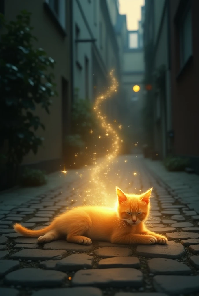 Create a picture of the spirit of an orange kitten coming out of its body closing its eyes while lying on the ground, the spirit of the kitten is glowing against the background of a narrow, cobbled residential alley, the atmosphere is dimly lit, make it re...