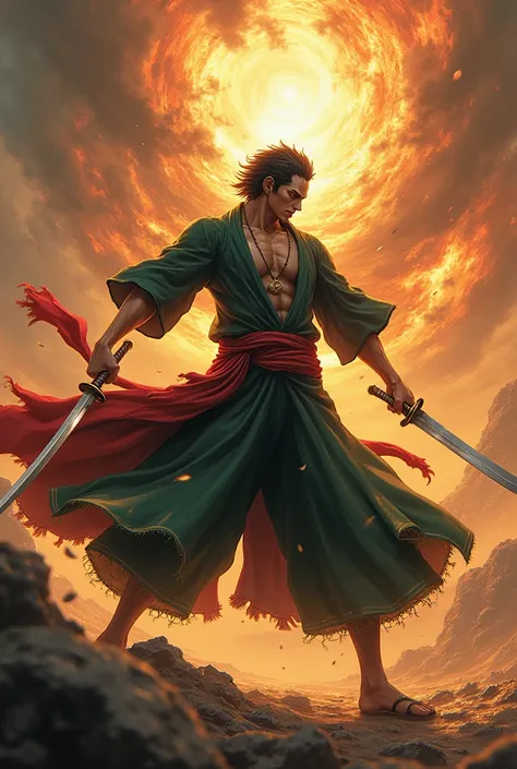 Roronoa zoro in the Algerian position of the martyr, fighting dracule mihawk , wearing wano clothes, Royal Haki All around