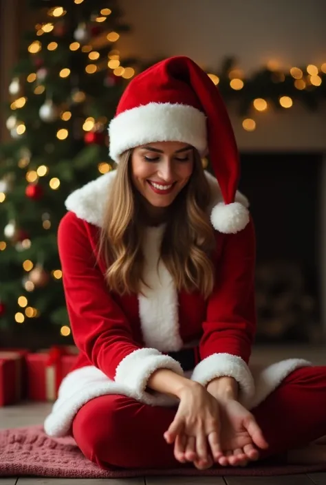    35 year old woman bakes,  with a strong personality and the following physical characteristics :  with long hair and a beautiful ,  with a big smile and beautiful white teeth . Besides, She is originally from France .  dressed in a Santa Claus costume s...