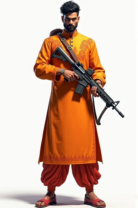 Freefire game character wearing indian kurta with white background and he has a gun on his shoulder