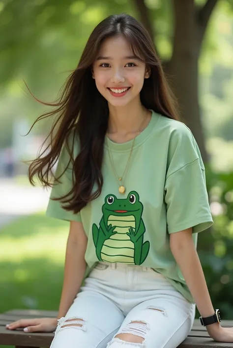  Beautiful 25-year-old Asian European woman smiling beautiful long haired brown straight blowing in the wind wearing a light green t-shirt with a picture of a crocodile frog, Jacketed white jeans held propped with hands one  ,  wearing tight black jeans ri...