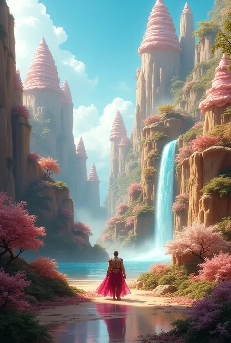 A fantasy where a prince is in a garden with all kinds of super super super giant mountains and waterfalls that are shaped like food, cake, sweets, dessert and coloured drink water