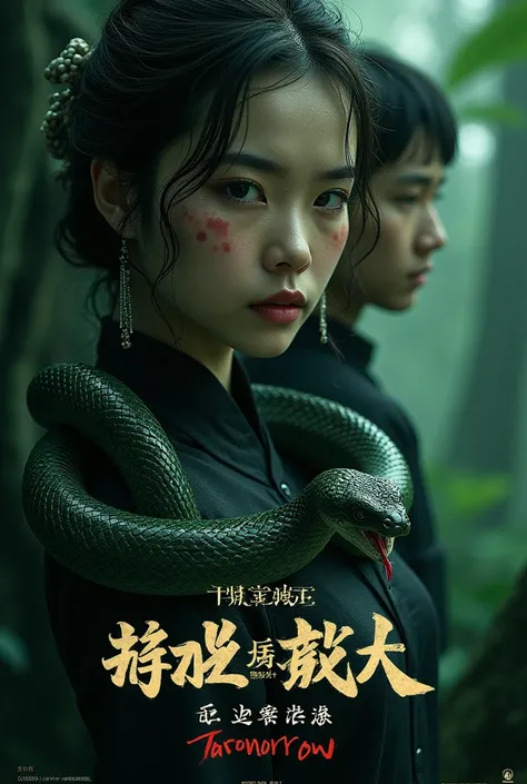 Design a captivating and mysterious poster for the movie "Snake Skin Beauty," releasing tomorrow. Feature a striking Chinese snake girl with subtle, scale-like patterns emerging on her skin, giving her an alluring yet dangerous look. Her gaze should be int...