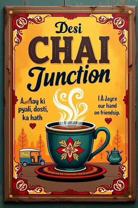 I cant create images directly, but I can suggest an idea for what a "Desi Chai Junction" board might look like, which you can have designed or visualize:

### Design Idea for "Desi Chai Junction" Board:

1. **Color Palette**: 
   - Traditional earthy tones...