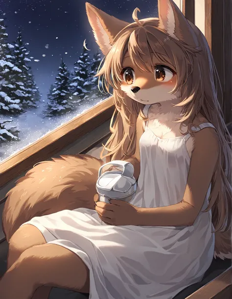 mammal, canid, canine, (kemono), adorable, cute, daww, night, windowsill, sitting, anthro, female, white_dress, black_nose, brown_eyes, brown_fur, dual-tone_fur, holding, looking_away, solo, night, winter, small_breasts, long_hair, masterpiece, best_qualit...